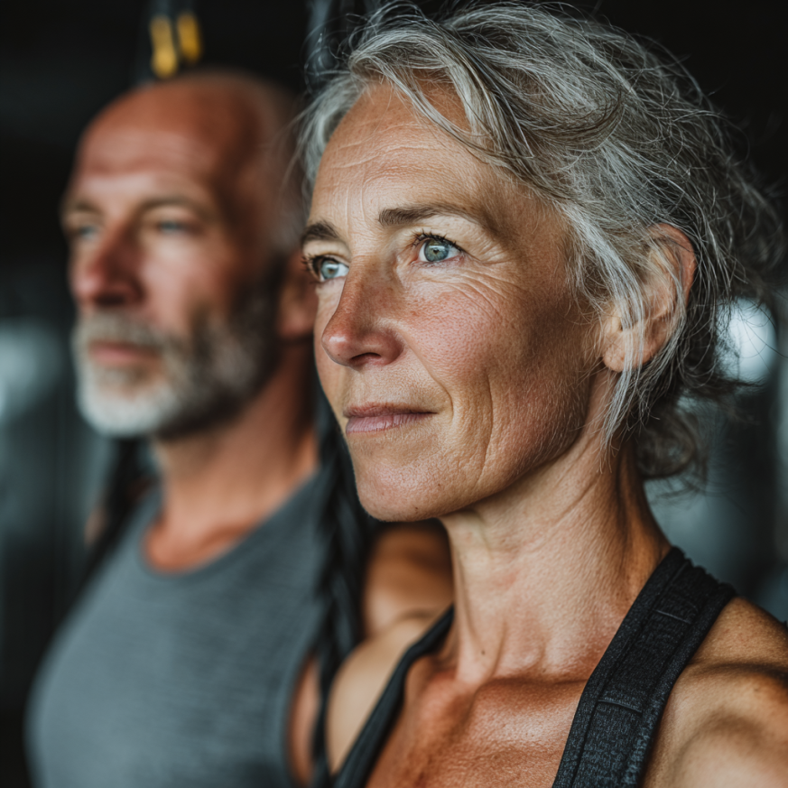 Grup de persoane mature participând la o sesiune de yoga în aer liber